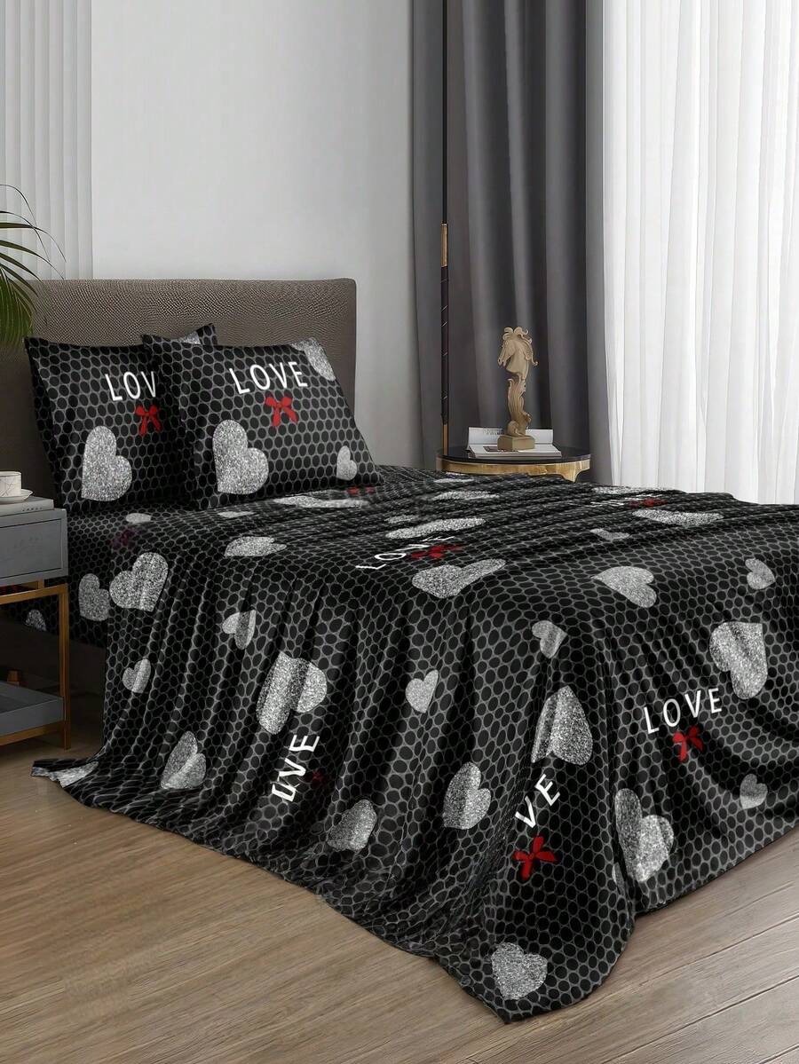 4pcs/Set Black & Silver Heart Polka Dot Bow Pattern Bedding Set, Easy Care Soft Bedding Set, Fitted Sheet Set (1 Flat Sheet + 1 Fitted Sheet + 2 Pillowcases) Fitted Sheet Set King/Queen/Full/Twin Size, Deep Pocket Up To 11.8 Inches - Multicolor - View 1