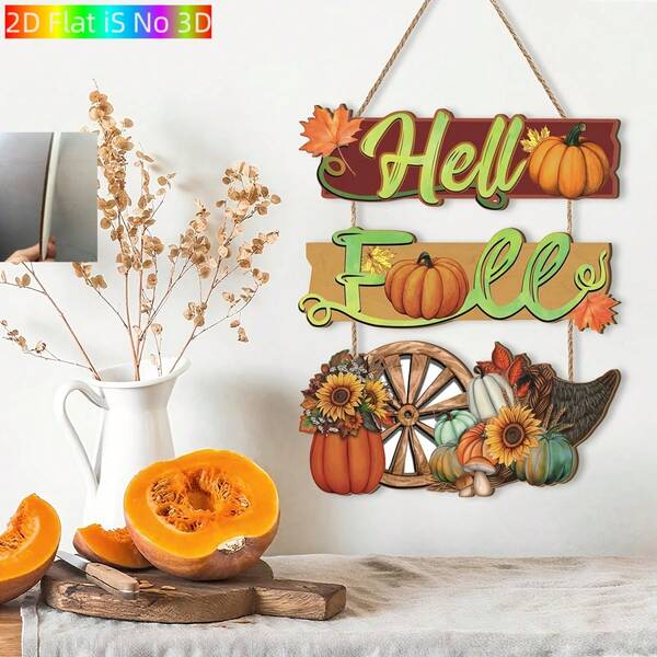 1pc 2D Flat Hello Autumn Wooden Door Sign, Printed With Pumpkins, Sunflowers And Maple Leaves, Rustic Country Harvest Thanksgiving Front Door Porch Wall Decor, Indoor Outdoor Home Ornament Gift.
