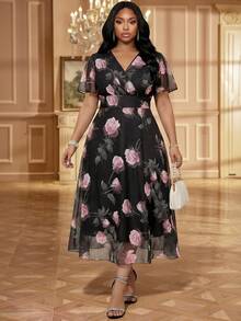 Fleurora Plus Size Women's Dress,Floral V-Neck Flared Sleeve Vintage Wedding Guest Vacation Elegant Summer - Multicolor - View 5