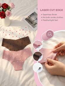 GYEY 3pcs Women's Heart Print Seamless Triangle Panties, One-Piece Laser Cut Invisible Romantic Girly Skin-Friendly Underwear - Multicolor - View 9