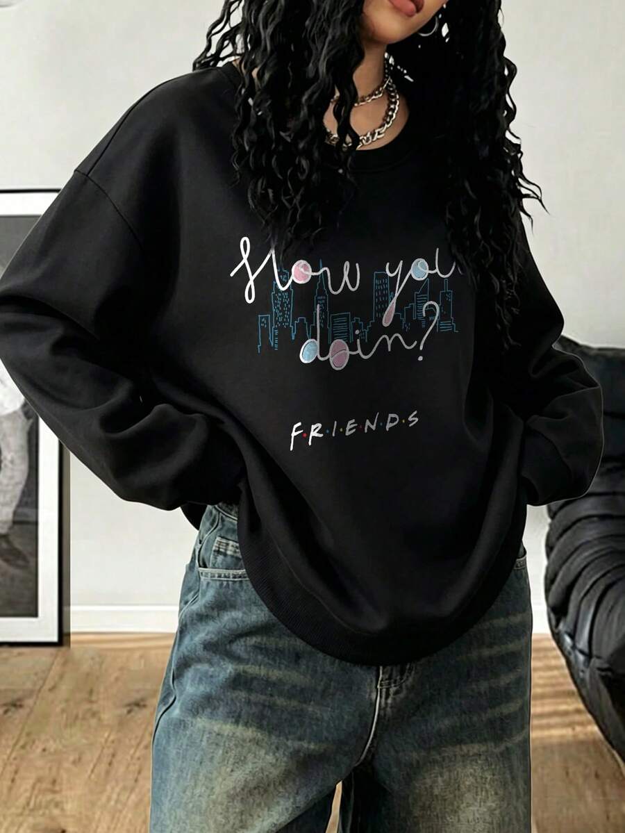 SHEIN X FRIENDS Women's Solid Color Crew Neck Sweatshirt, Drawing Of Life Characters, Perfect For Spring Outings, Casual Everyday Wear Black - Black - View 1