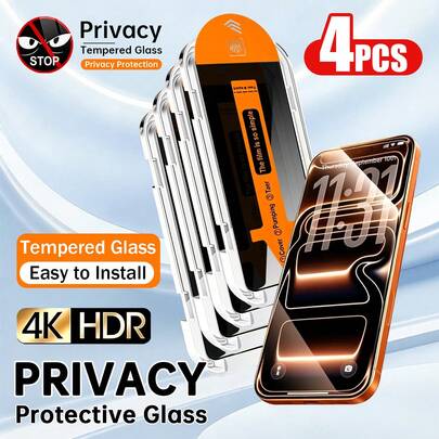 4pcs Anti-Peeping Privacy Tempered Glass Screen Protector, Compatible With IPhone 17 Pro Max/16 Pro Max/17/15 Pro/17 Air/16/15/14/13/12/11/16E/Plus/X/XR/XS Max, Full Coverage 9H+ Hardness, Ultra Clear Anti-Scratch, Easy Installation, Phone Accessories