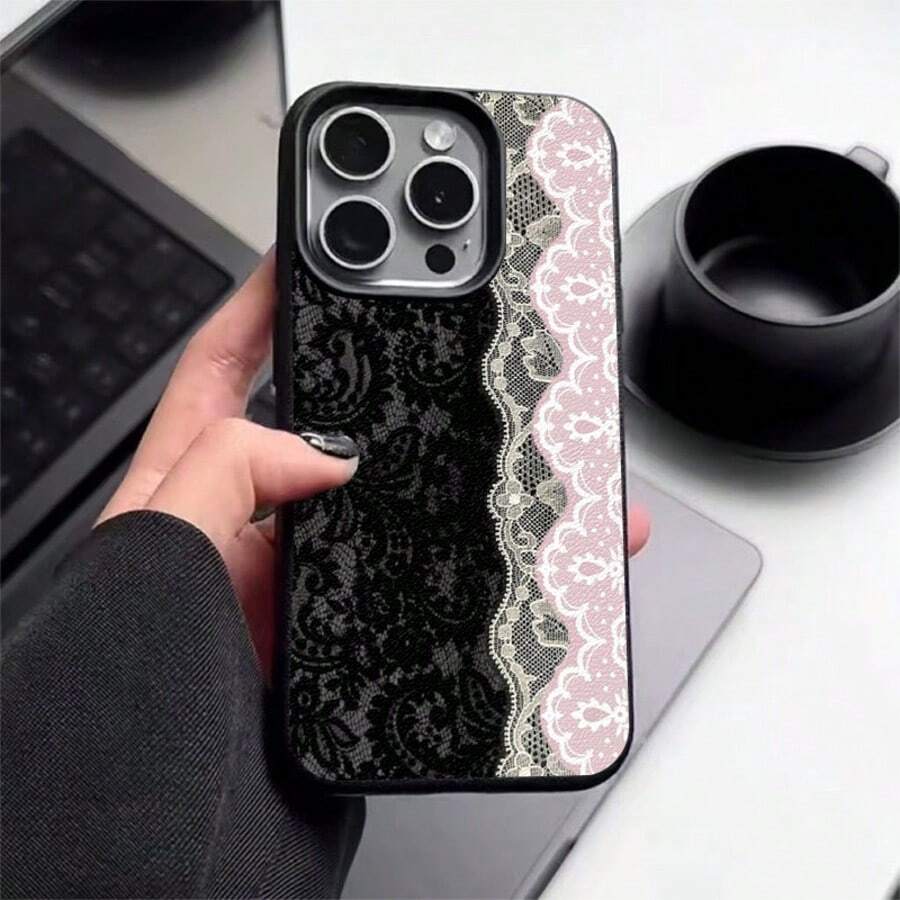 1件 TPU材質復古深粉色蕾絲甜酷圖案手機殼，適用於 iPhone 17 Pro Max/17/16 Pro Max/15/13/12/11/S20 FE/A15/S24/A55/Note 11/Note 12/Note 13 Pro，全包防摔軟殼保護套 - 黑色 - 查看 1
