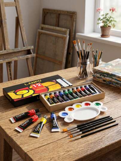 Set de 12 colores de pigmento para pintura de vidrio LANPO, transparente, impermeable, secado rápido, para pintar a mano botellas de vino de vidrio, tazas de cerámica, DIY, hecho a mano, con pincel y paleta