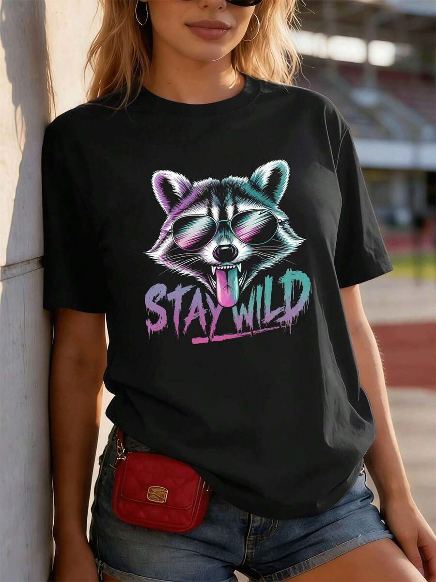 Women's "Graphic Raccoon Stay Wild" Premium Cotton Crew Neck Relaxed Fit T-Shirt With Unique Graphic Print - Black - View 1