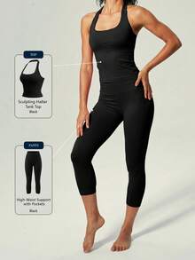 UONNOU 2 Pieces Women's Sculpting Workout Set, Halter Open Back Top & High Waist Butt Lifting Capri Leggings For Yoga & Gym - Black - View 10