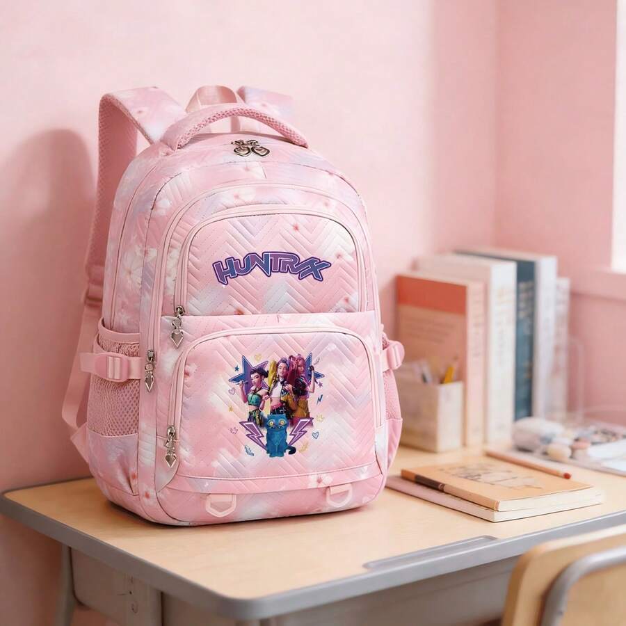 Miniso 紫色漸層字母組合角色閃電貓星星印花粉色櫻花人字紋絎縫大容量學生後背包多隔層 - 粉色 - 查看 1