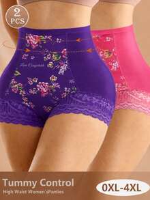 2 buah Celana Dalam Wanita Ukuran Besar Pinggang Tinggi Pengontrol Perut, Motif Bunga dengan Hiasan Renda, Pakaian Dalam Pengontrol Perut, Bernapas dan Nyaman - MultiWarna - View 2