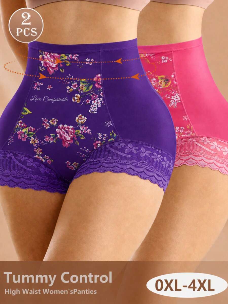 2 buah Celana Dalam Wanita Ukuran Besar Pinggang Tinggi Pengontrol Perut, Motif Bunga dengan Hiasan Renda, Pakaian Dalam Pengontrol Perut, Bernapas dan Nyaman