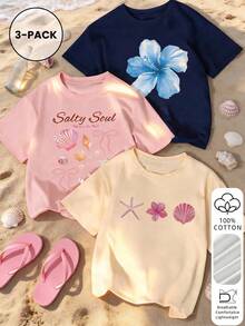3pcs/Set Kaos Katun 100% Lengan Pendek Leher Bulat Motif Bunga, Bintang Laut, dan Kerang Kasual Musim Panas Baru, Modis dan Serbaguna, Cocok untuk Liburan di Pantai - MultiWarna - View 1
