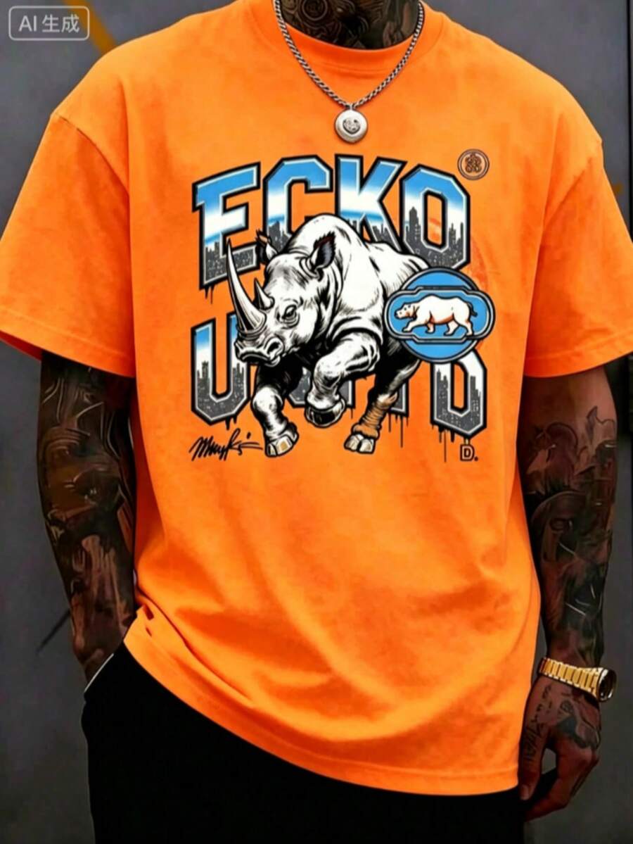Men's 220g 100% Cotton ECKO UNLTD Iridescent Rhino Graphic T-Shirt,And Breathable Men's Sportswear, Suitable For Everyday Wear,Outings, Commuting. - 橘色 - 查看 1