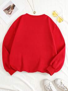 Sweatshirt Merah Motif Musim Panas Seksi Ukuran Plus, Pullover Rajut Bergaris Lengan Panjang dengan Bahu Longgar, Kasual Hangat Kerah Bulat Panjang Reguler untuk Musim Gugur - Merah - View 2