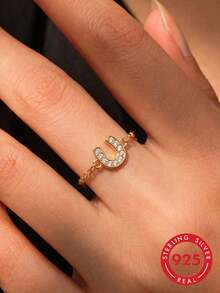 1pc S925 Sterling Silver Full Rhinestone Horseshoe Pull Chain Adjustable Ring, Luxury Personalized Elegant Niche Exquisite Fashion Cool High-End Versatile Ins Geometric U-Shaped Index Finger Link Ring, Japanese Party Gift - U-shaped - View 11