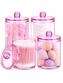 1/2/3/4 PCS Pink Acrylic Bathroom Organizer Set With Lids, Clear Vanity Storage Containers For Cotton Swabs, Cotton Pads, Makeup Brushes, Beauty Sponges, Cosmetic Counter Organizer, Makeup Desk Accessories - Multicolor - View 7