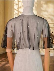 1 pezzo Sciarpa da sposa corta in tulle nero con perle finte e strass, coprispalle per abito da sposa, accessorio per viaggi, vacanze e feste serali - nero - Visualizzare 6