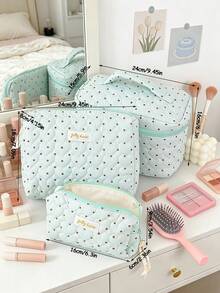 Cute Heart Quilted Makeup Bag Light Blue Polka Dot Cotton Cosmetic Organizer Case Portable Large Capacity Travel Toiletry Bag With Inner Mesh Pocket - Baby Blue - View 11
