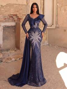 Stunning Formal Long Sleeve Square Neck Sequin Mermaid Evening Gown With Beaded Details And Fashionable Ruffle Trim, Suitable For Prom - Navy Blue - View 9