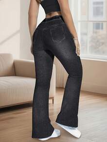 Celana Panjang Slim Fit Model Flare Motif Denim Ukuran Plus, Elastis Sedang, Ciptakan Gaya Dasar - Hitam - View 3