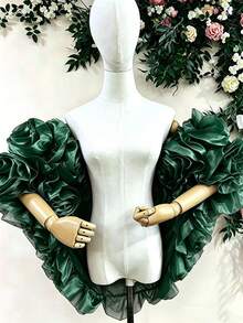 歐美風新娘浪漫披肩，優雅 3D 玫瑰重工刺繡婚紗配件，遮臂短披風 - 綠色 - 查看 2