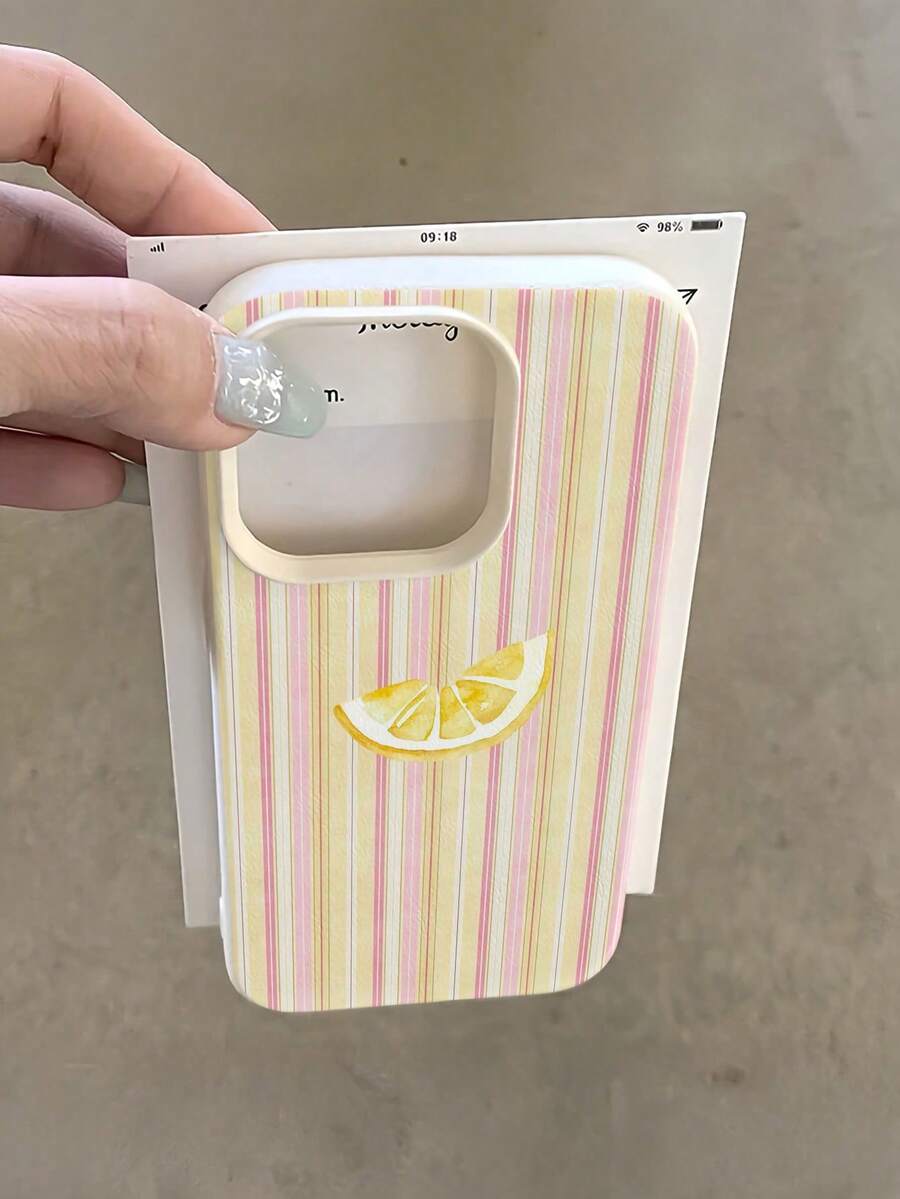 Minimalist White Pink Yellow Vertical Striped Lemon Pattern Anti-Drop Fashion Phone Case, Full Coverage Anti-Drop Phone Case, Compatible With Apple 17Pro Max/17Pro/17/16Pro Max/16Pro/16/15Pro Max/15/14Pro Max/13/12/11/11 Pro/12 Pro/13 Pro/14 Pro/15 Pro/16 Pro/17 Pro/11 Pro Max/12 Pro Max/13 Pro Max/17 Pro Max, Spring/Summer Gift, Back To School Gift - Yellow - View 1