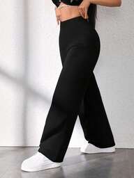 Plus Size Women Straight Leg Pants, High Stretch Fabric Comfortable Daily Wear, Fashionable Black