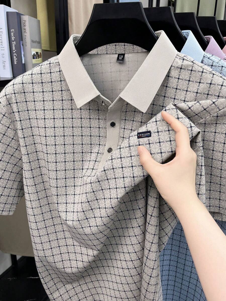 Pro Man Wardrobe Business Kleinkariertes Poloshirt mit Tasche Kurzarm Pendler Bürokleidung - Aprikosenfarben - Übersicht 1