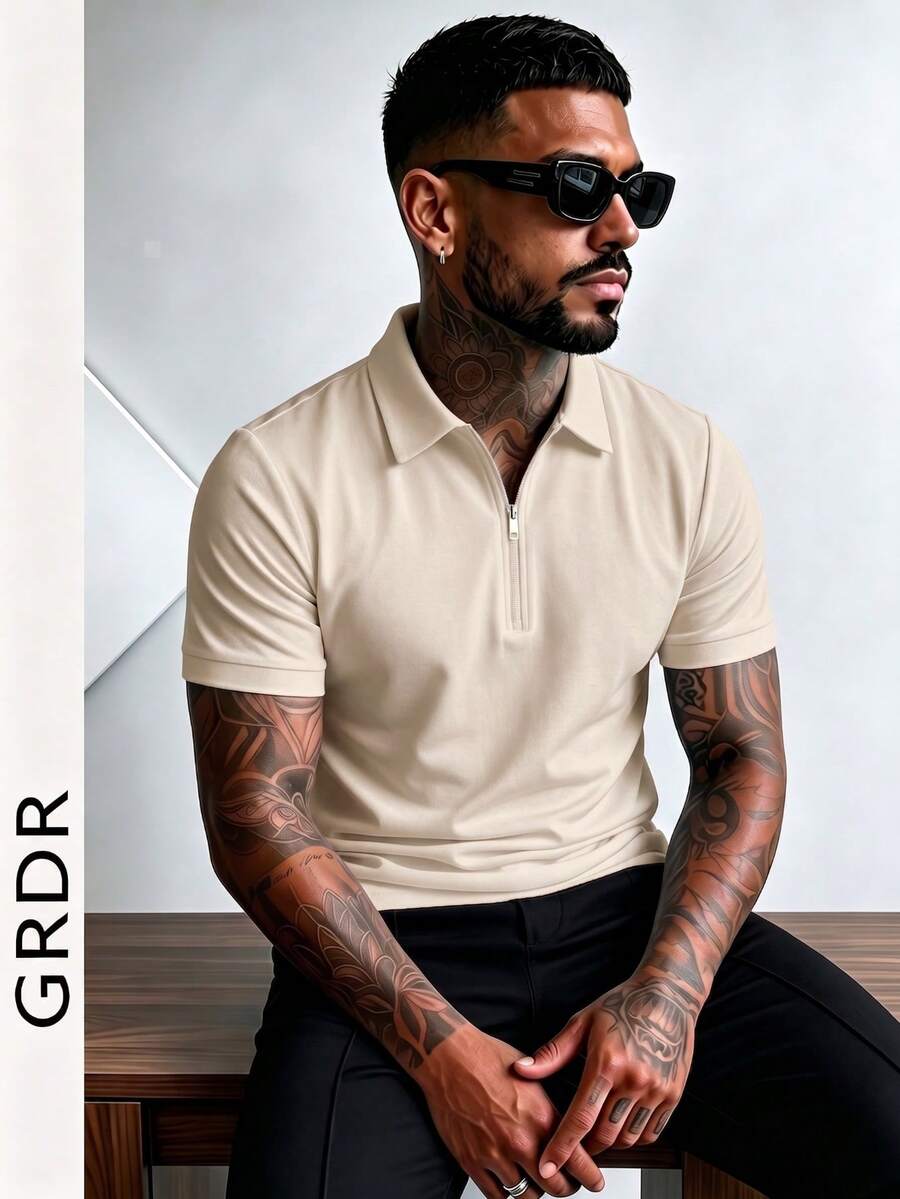 GRDR 男士夏季半拉链 Polo 领短袖 T 恤，适合户外休闲穿着