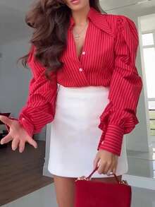 Women's Fashion Elegant Commute Lapel Long Sleeve Striped Shirt, Solid Color Front Button-Down Office Daily Autumn/Winter - Red - View 4