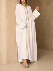 Fashionable Versatile Solid Color 3-Piece Set Women's Minimalist Sleeveless Long Robe + Abaya Cardigan Long Robe + Scarf Set, Soft Skin-Friendly Sun Protection Muslim Clothing Shawl - White - View 3