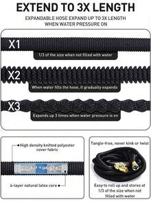 3pcs Black Expandable Hose, Extended Long Range Spray Gun, 3/4" US Thread Connector, Multi-Purpose Water Hose For Lawn Watering, Patio Cleaning - A - View 4