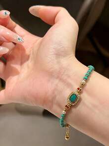 1pc Elegant Square Hollow Faux Turquoise Copper Bracelet, Fashionable Multi-Color Accessory Suitable For Parties, Galas, Everyday Wear - Multicolor - View 1
