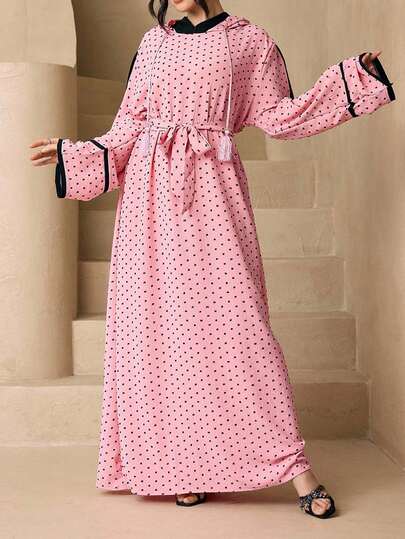 Conjunto de 2 piezas de bata larga con capucha de lunares versátil y elegante para mujer, abaya suave con cinturón de cintura, ropa musulmana con protección solar y chal