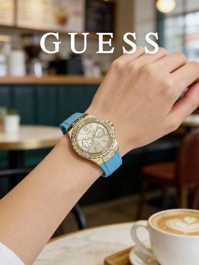Guess Women's Multifunction Quartz Watch Gold-Tone Case Blue Silicone Strap Crystal Bezel Accessory Suitable For Daily Outings And Weekend Social Gatherings