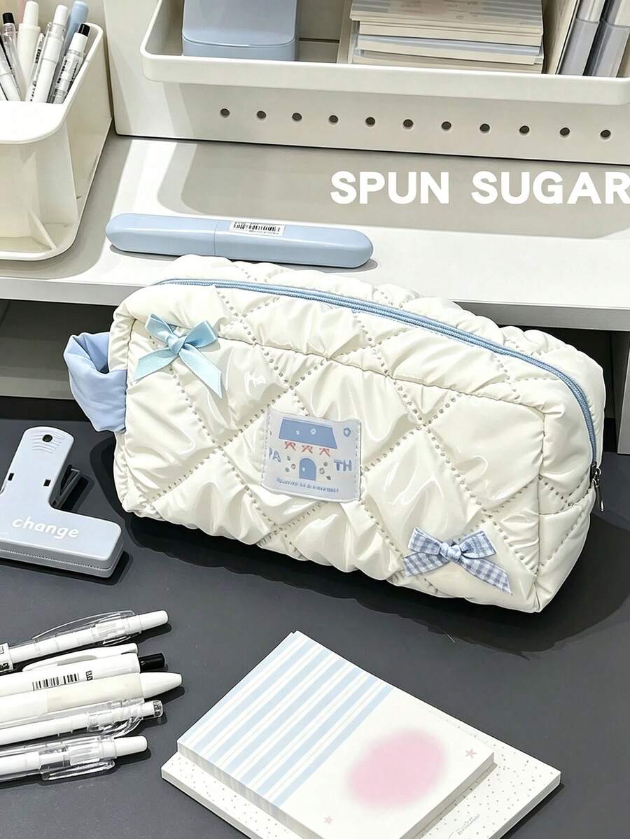 1件可愛藍色蝴蝶結絎縫筆袋,大容量文具與化妝包雙用,適合返校學生,開學第一天 - 彩色 - 查看 1