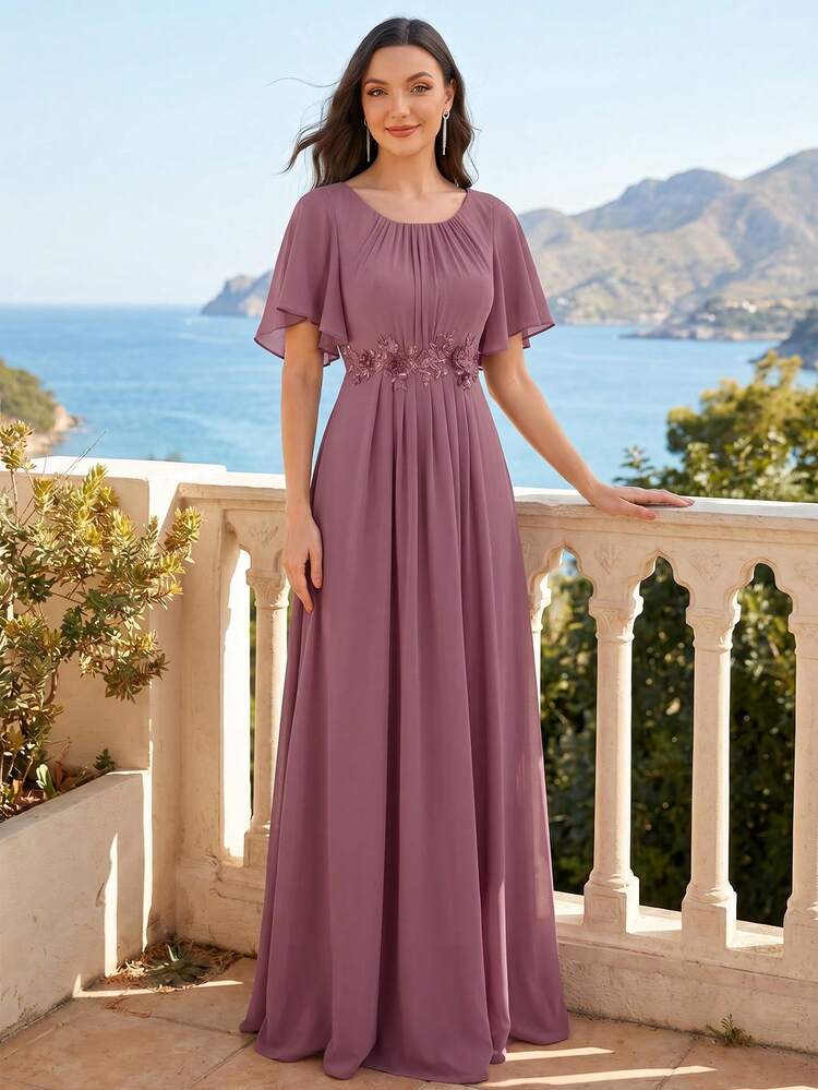 EVERPRETTY Romantic Dusty Rose Wedding Guest Dress With Round Neck Flutter Sleeves Floral Applique Waist And Flowy Chiffon A-Line Maxi Skirt For Garden Fall