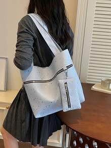 女款時尚休閒通勤全印花單肩包，適合日常出行、旅行、購物與街頭逛街 - 藍色 - 查看 2