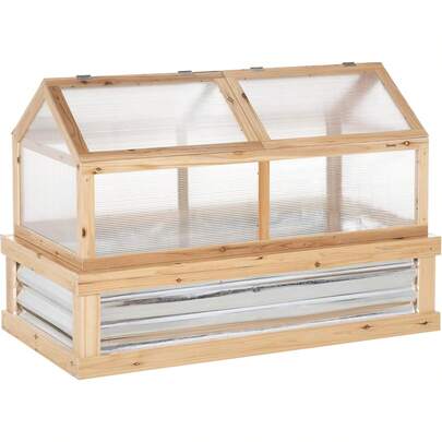Raised Garden Bed With Polycarbonate Greenhouse Top, 48x24 In Galvanized Metal Planter Box Solid Fir Wood Cold Frame Vented Spaced Out Shell, Natural