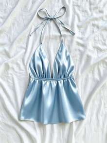 1pc Spring/Summer New Daily Party Vacation All-Season Solid Color Sleeveless Spaghetti Strap Strap Tank Top - Baby Blue - View 3