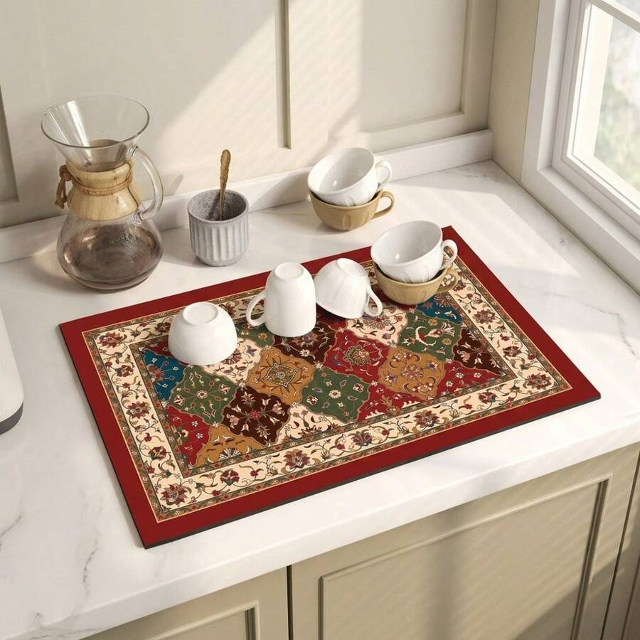 1 pieza Tapete secador de platos, tapete para cafetera, elegante patrón floral tradicional retro, diseño exquisito de bloques de color, fuerte absorción de agua, adecuado para mesa de comedor, cafetería y cocina, tapete de drenaje multiusos, regalo para el hogar, decoración de mesa