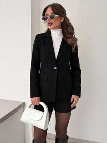 Women's Classic Black Blazer, Long Sleeve, Regular Fit, Woven Fabric, Button Detail Design, Suitable For All Seasons - Black - View 5