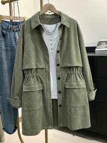 Women's Loose Long Sleeve Collared Long Utility Shacket, Woven Fabric, Non-Stretch, Suitable For Autumn Casual Vintage Style - Olive Green - View 1