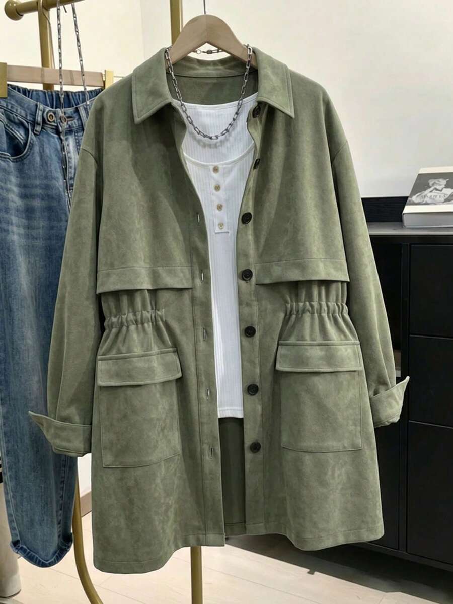 Women's Loose Long Sleeve Collared Long Utility Shacket, Woven Fabric, Non-Stretch, Suitable For Autumn Casual Vintage Style - Olive Green - View 1
