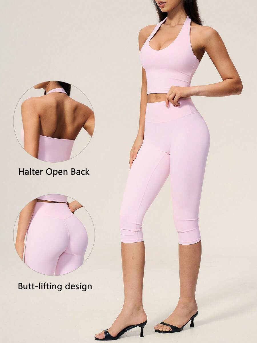TimeOff Setelan Olahraga Wanita Satu Set Warna Polos, Atasan Tank Top Halter V-Neck Pendek & Celana Panjang Sedang Pinggang Tinggi - Berwarna merah muda - View 1