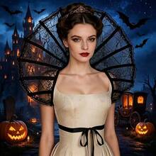 Jubah Kerah Berdiri Renda Motif Jaring Laba-laba Kerangka Gotik Victoria, Cocok untuk Aksesori Cosplay Halloween, Perlengkapan Kostum Pesta Dansa - View 6