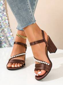 女款咖啡棕高跟涼鞋，時尚圓頭粗跟高跟鞋，優雅仙女風夏季新款百搭純色露趾涼鞋，極簡高跟涼鞋，派對宴會鞋，舞鞋 - 咖啡棕 - 查看 5