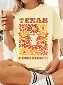 Texas Longhorns College Floral T-Shirt,UT Longhorn  Tee,College Game Day Shirt,Austin Texas College Chirt,Hook Em Horns Gift Comfortable,Loose-Fitting - 黃色 - 查看 14