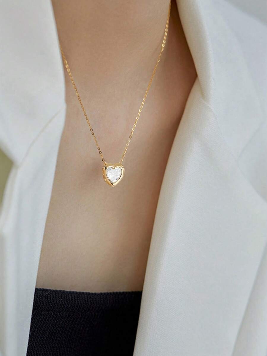 1pc Exquisite Cute Heart-Shaped Copper Zirconia Pendant Necklace For Women, Suitable For Party And Gathering Wear - Yellow Gold - View 1