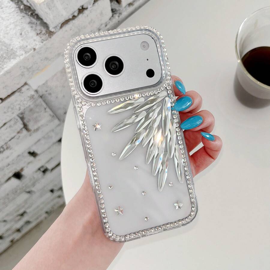 1pc New Large Hole Luxury Maple Leaf Shaped Long Strip Rhinestone Case Compatible With Apple 17 Pro Max, Sparkling Diamond Phone Shell, Luxury 16/15, Premium 14, Niche 13, Fashion 12 - Silver - View 1
