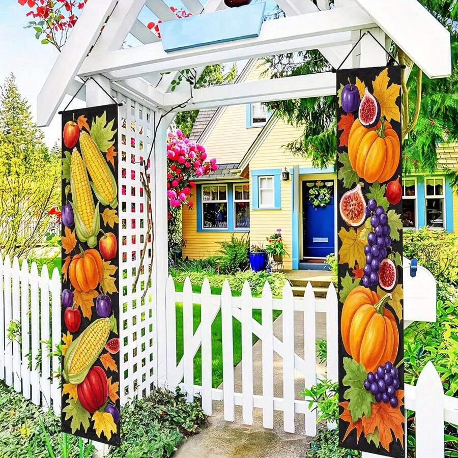 1 Pair (11.8_70.8 Inches_30_180 Centimeters), Polyester Material, Harvest Autumn Scene Decorative Welcome Door Banner, Black Background With Various Fruit And Vegetable Elements, Suitable - Multicolor - View 1