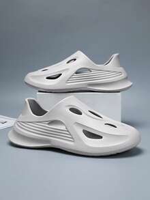 簡約多層條紋包頭涼鞋，輕量吸震快乾沙灘通勤男士鬆弛感穿孔鞋 - 灰色 - 查看 1